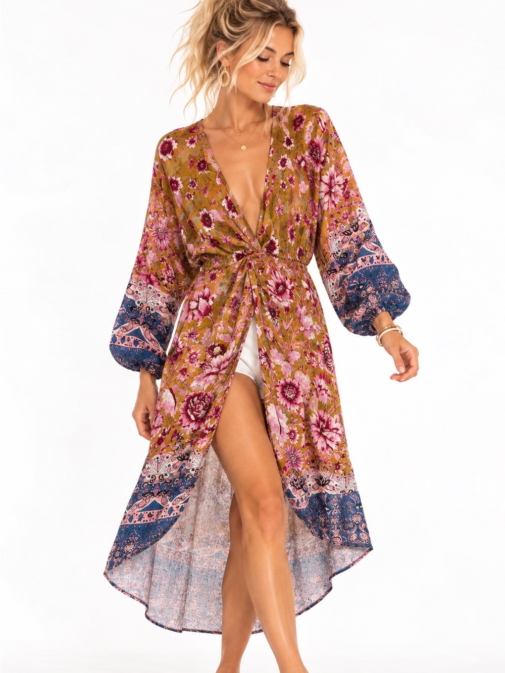 By Anthropologie Floral Kimono Duster Tunic Medium Boho V-Neck Empire Waist